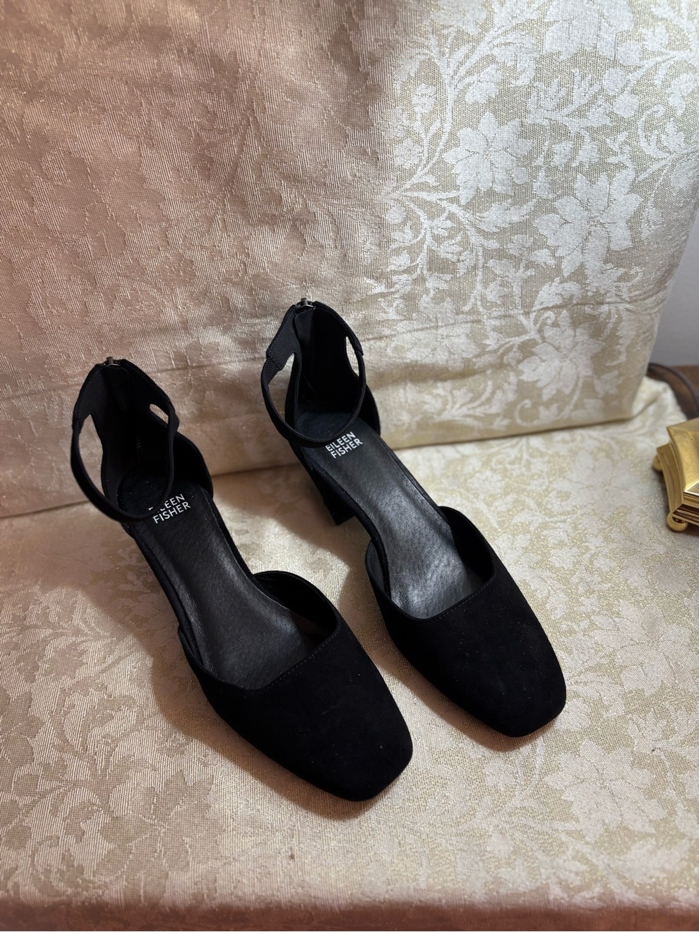 Eileen Fisher Black Suede Ankle-Strap Block Heel Pumps